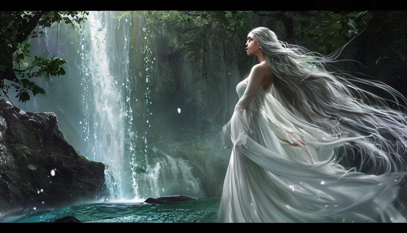 A serene elven maiden with long, flowing silver hair stands gracefully near a mystical waterfall in a sacred grove, her elegant white dress swaying gently. Crystal-clear water cascades down ancient...