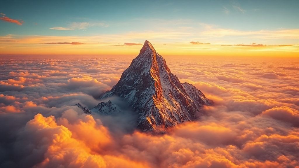A solitary, razor-edged mountain peak erupts from a churning ocean of molten gold clouds at dawn, its frost-laden crest illuminated by an otherworldly radiance. The hyper-detailed 8K composition re...