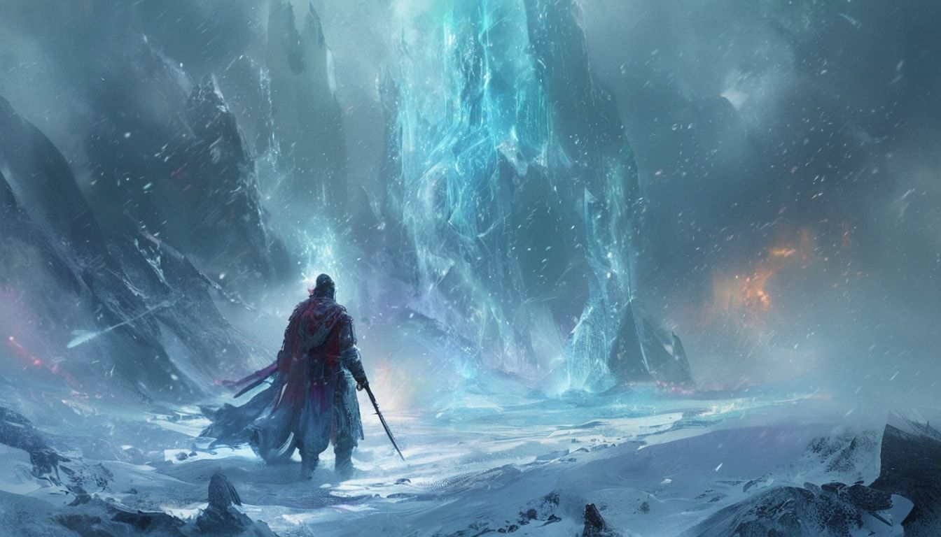 warrior-mage stands in a frozen landscape