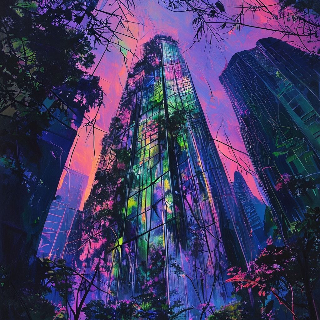 A towering, vine-choked skyscraper looms under a neon-lit twilight, its fractured glass reflecting psychedelic hues. Bold pop art strokes exaggerate jagged edges and wild foliage bursting from shat...