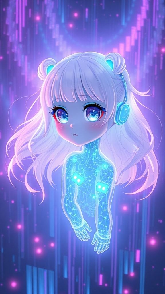 A glowing, ethereal anime girl with neon-blue circuits pulsing through her translucent skin floats in a vast digital void, her oversized kawaii eyes reflecting fractured code. Soft pastel hues blen...