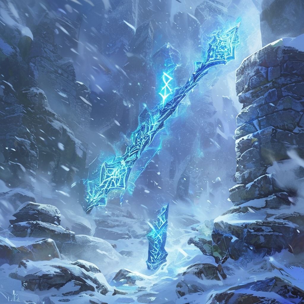 Icy runes shimmer faintly along the staff and in the air around him. Deep blue winter fog surrounds the scene, drifting through snow-covered ground and distant stone ruins