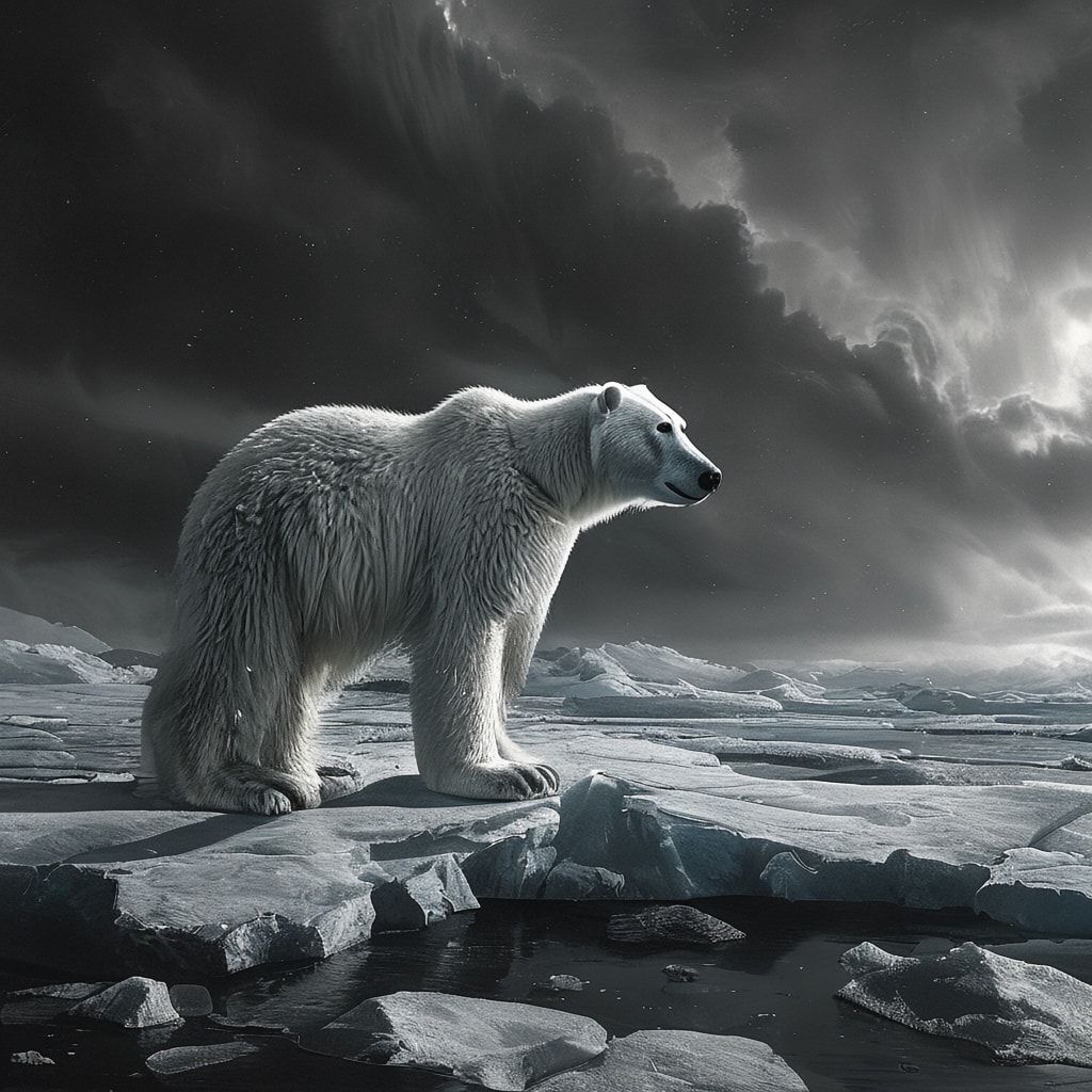 A lone polar bear stands on a fractured ice floe under a stormy Arctic sky, its fur glistening with frost, backlit by the eerie glow of a distant aurora. The high-contrast black-and-white compositi...