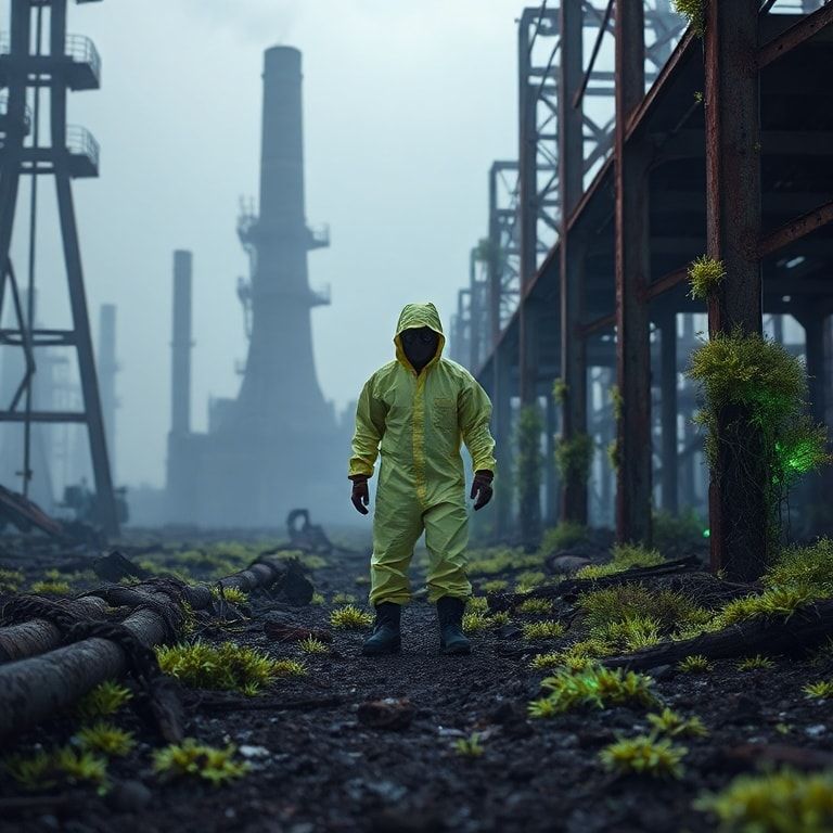 A lone figure in a hazmat suit stands amidst the skeletal remains of a nuclear power plant, bathed in the eerie glow of bioluminescent moss clinging to rusted metal. The minimalist composition emph...