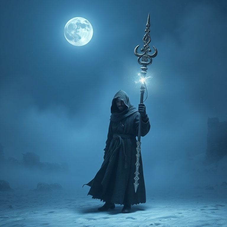 A lone Celtic warrior-mage stands in a frozen landscape, holding a glowing magical staff carved with ancient runes. He wears a long, heavy cloak and hood, his face partially hidden in shadow. Icy runes shimmer faintly along the staff and in the air around him. Deep blue winter fog surrounds the scene, drifting through snow-covered ground and distant stone ruins. The atmosphere is cold, mystical, and epic, inspired by Celtic fantasy lore. Cinematic composition, fantasy realism, deep blue and icy color palette, soft diffused moonlight, volumetric fog, subtle snowfall, ancient magic glow, dramatic depth, high detail textures, epic and melancholic mood, album cover art.