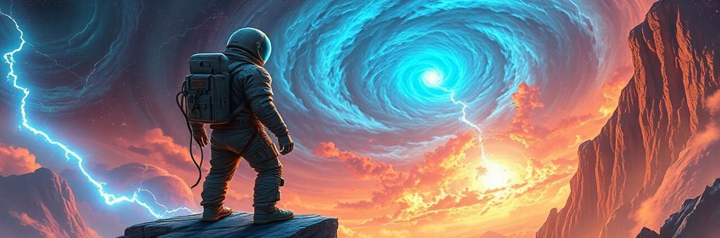 A lone astronaut in a tattered spacesuit stands on the edge of a crumbling alien cliff, gazing at a swirling cosmic storm below, neon-blue lightning illuminating their reflective visor. Hyper-detai...