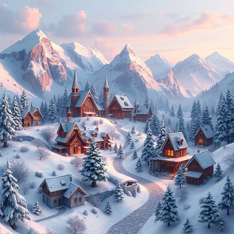 Fantasy landscape low poly winter village
