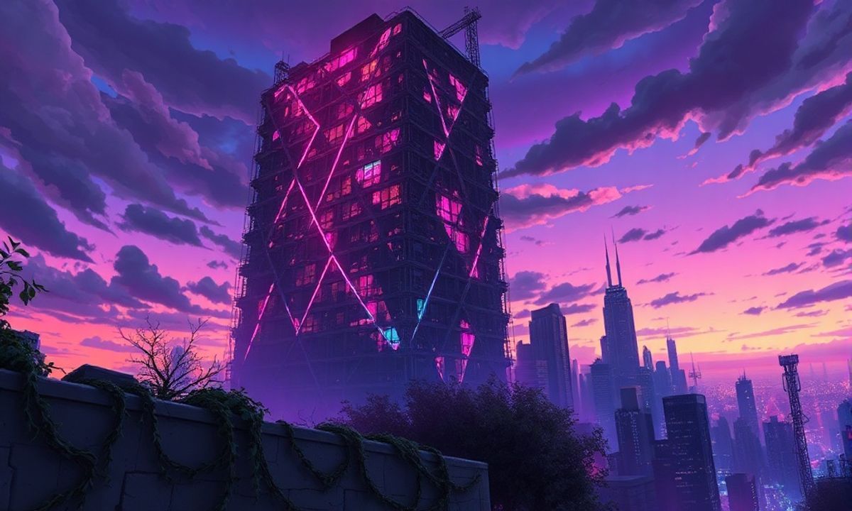 A colossal, overgrown skyscraper dominates the skyline, its shattered windows glowing with surreal neon reflections as twilight bleeds into electric violet. Wild vines erupt from cracked concrete, ...