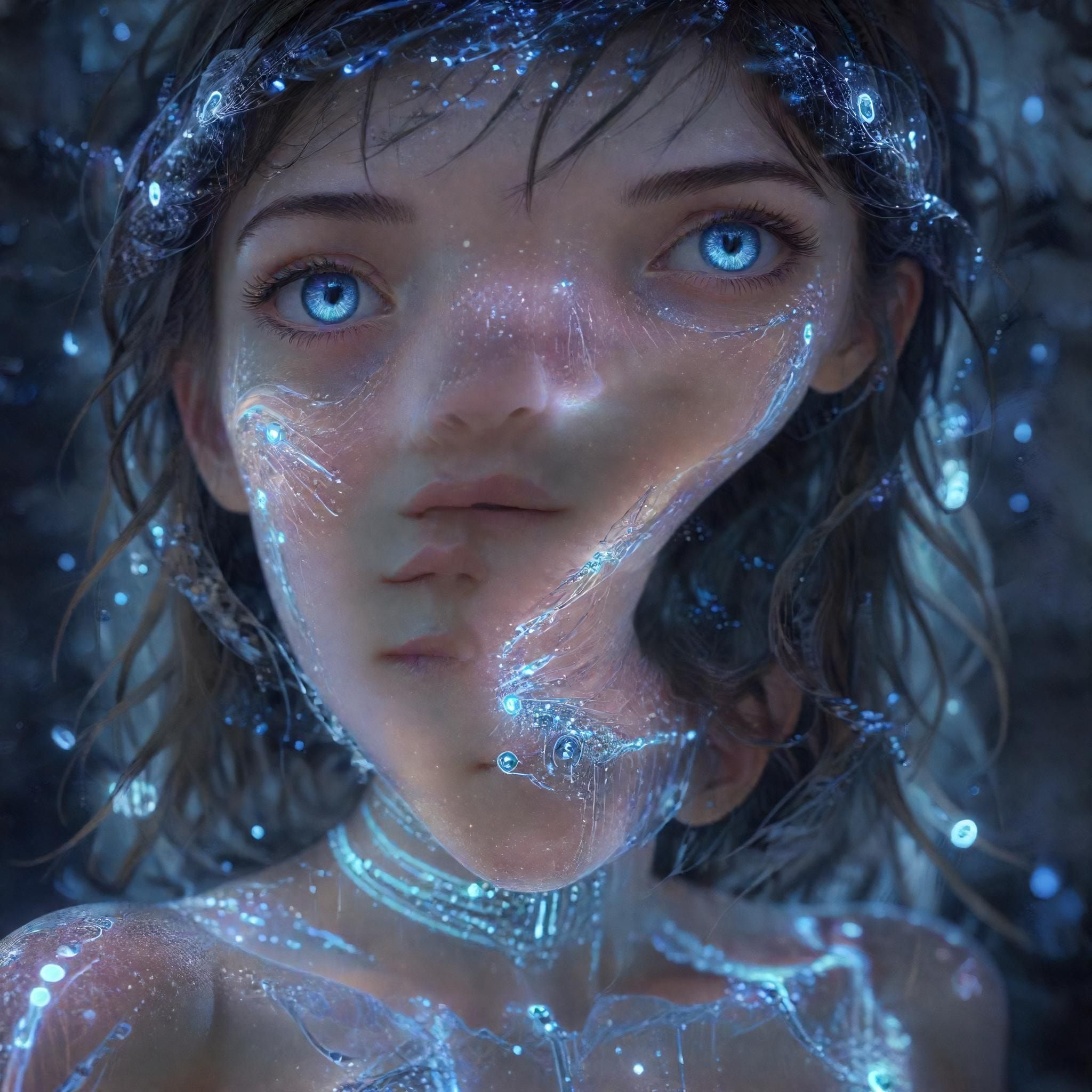 A glowing, ethereal anime girl with neon-blue circuits pulsing through her translucent skin floats in a vast digital void, her oversized kawaii eyes reflecting fractured code. Soft pastel hues blen...