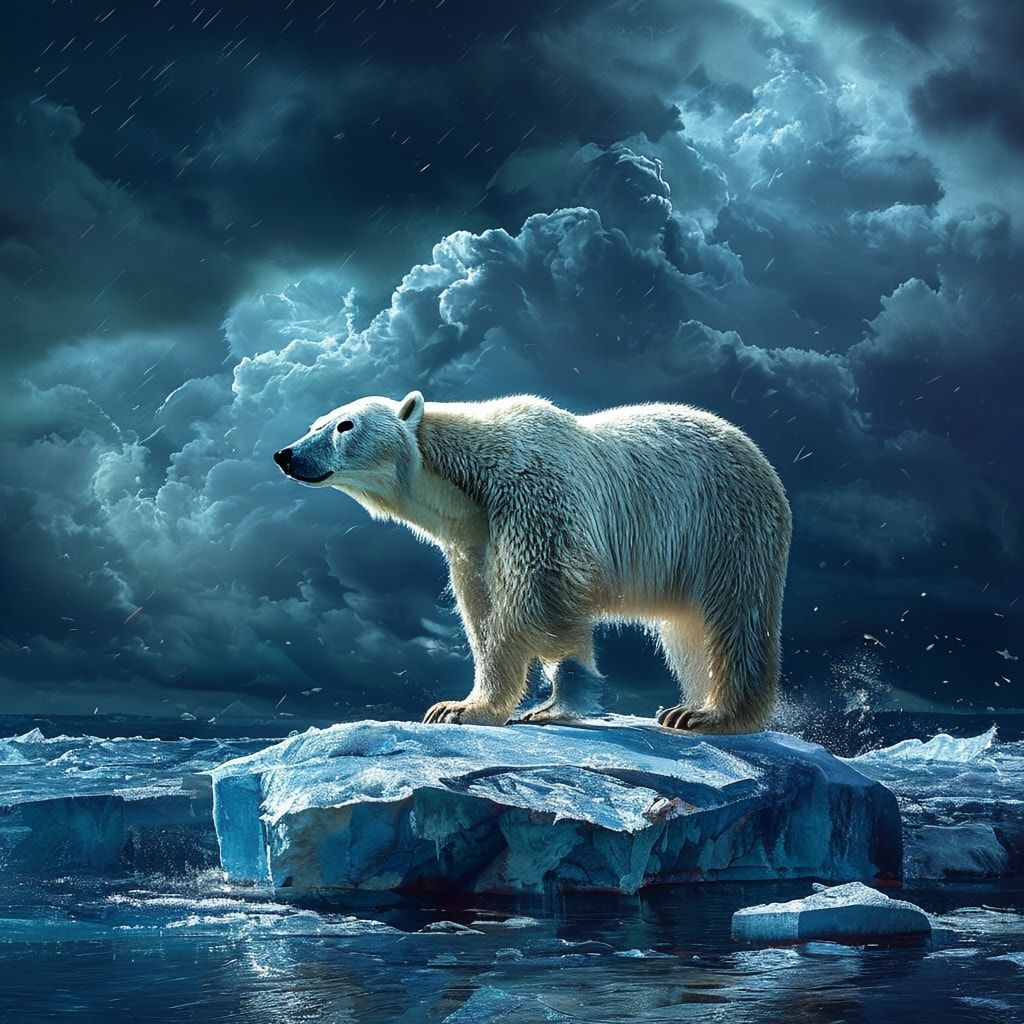 A lone polar bear stands on a fractured ice floe under a stormy Arctic sky, its fur glistening with frost. Dramatic chiaroscuro lighting casts deep shadows, emphasizing its powerful silhouette. The...