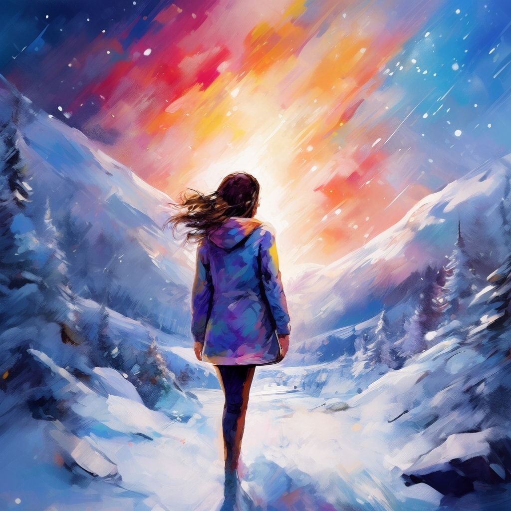 A girl standing with her back to the viewer in a winter ледяная valley. She is looking into the distance.
