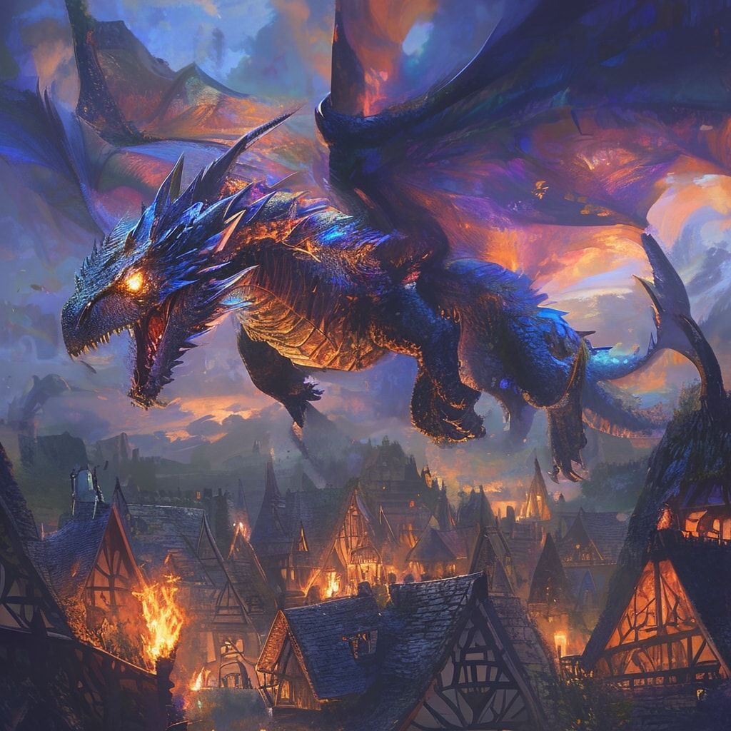 A majestic, iridescent-scaled dragon with glowing amber eyes soars gracefully over a medieval village at dusk, its massive wings casting shifting shadows over thatched roofs and flickering torches....