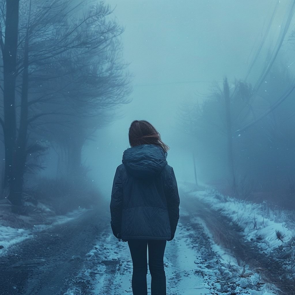 A girl with her back turned stands in a jacket on a winter road, an atmosphere of melancholy, loneliness and blue fog everywhere, as in dark ambient