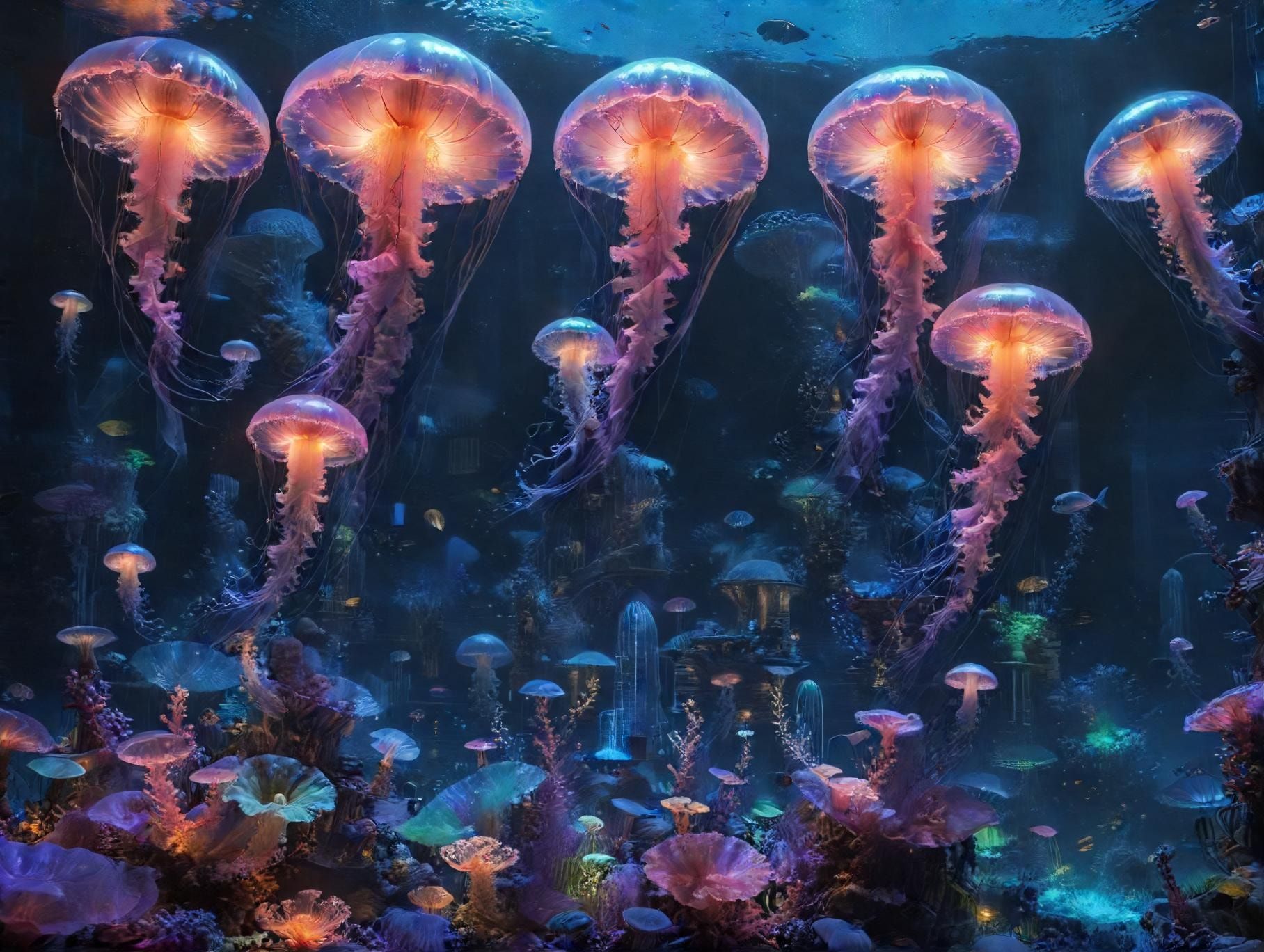 A sprawling underwater metropolis bathed in ethereal bioluminescent glow, where towering coral skyscrapers pulse with neon hues, as graceful jellyfish-like creatures drift through floating gardens,...