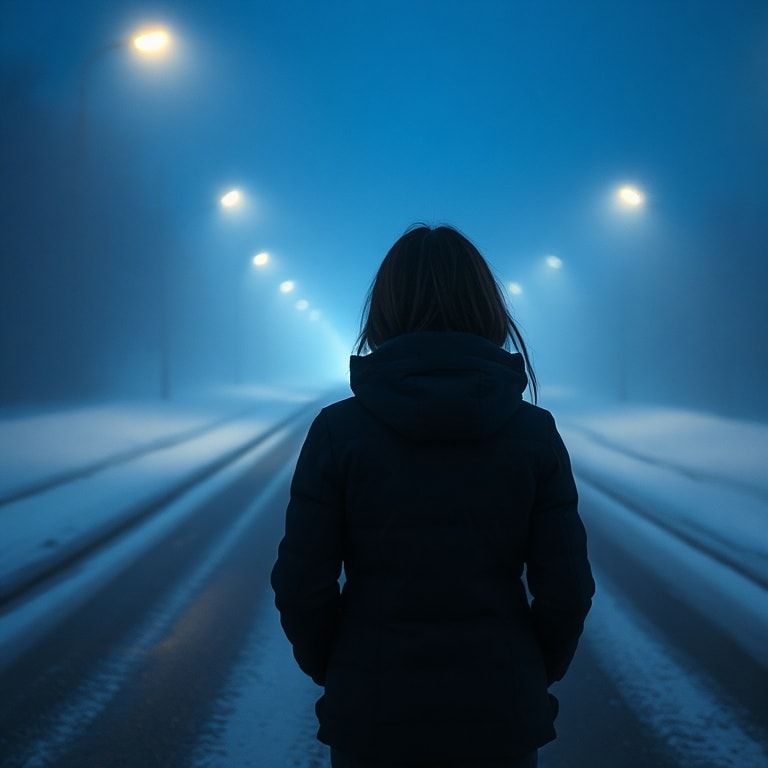 A girl with her back turned stands in a jacket on a winter road, an atmosphere of melancholy, loneliness and blue fog everywhere, as in dark ambient