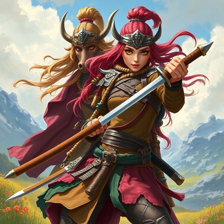 girl viking with girl elf wither landscape warrior samurai katana