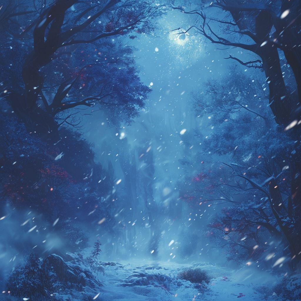 Cinematic composition, fantasy realism, deep blue and icy color palette, soft diffused moonlight, volumetric fog, subtle snowfall, ancient magic glow, dramatic depth, high detail textures, epic and melancholic mood