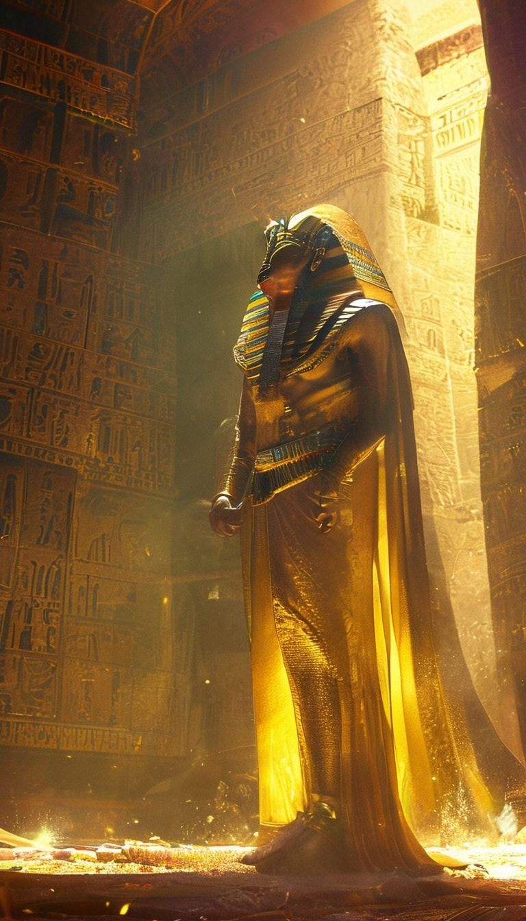 A majestic Egyptian pharaoh, adorned in golden regalia and a towering nemes headdress, stands in contemplation within the grand chamber of an ancient pyramid, bathed in soft, ethereal light filteri...