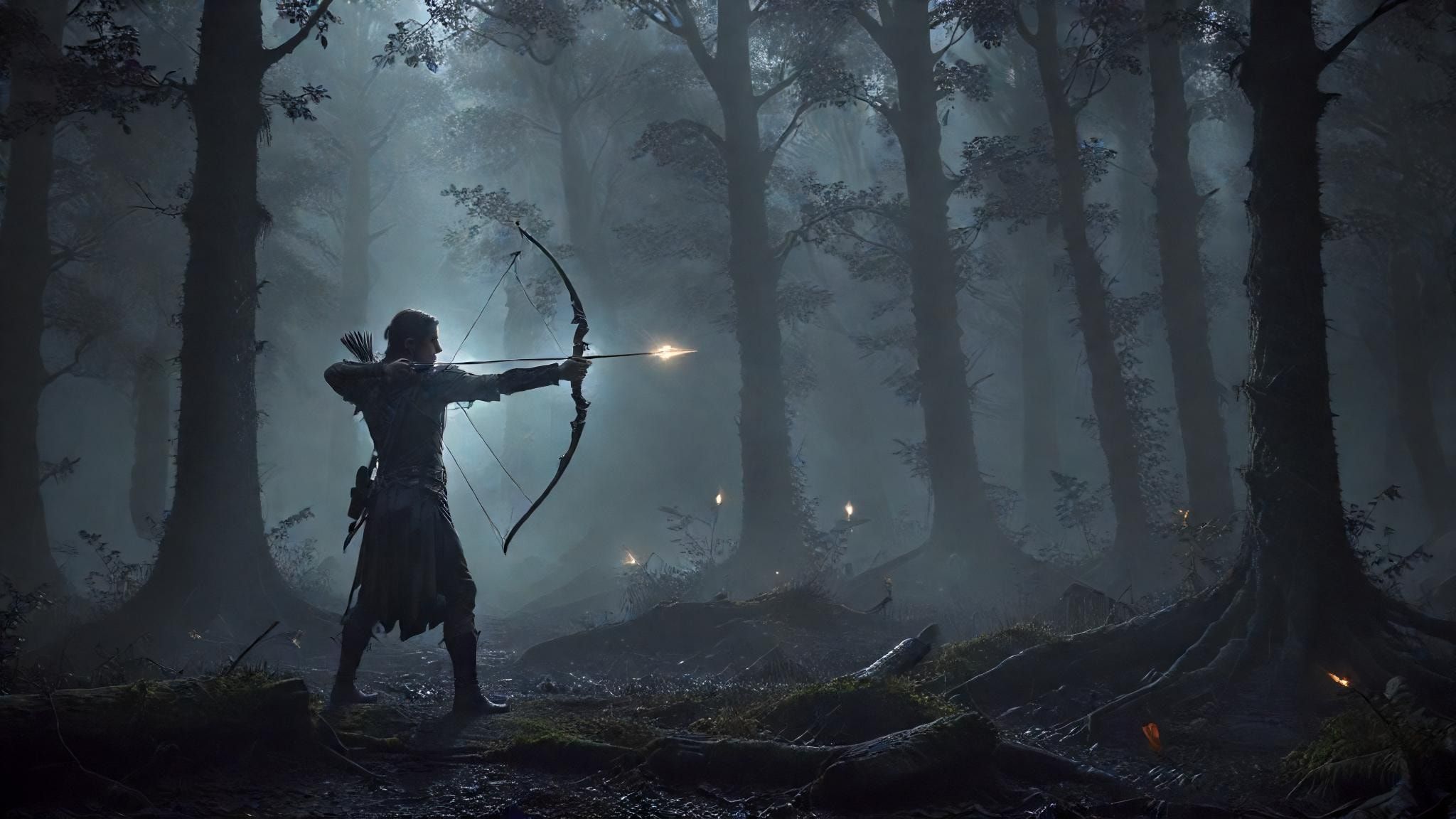 A lone elven archer, shrouded in darkness, pulls back a luminous arrow in a misty ancient forest at dusk. The noir-inspired lighting creates stark contrasts, highlighting the archer's silhouette ag...