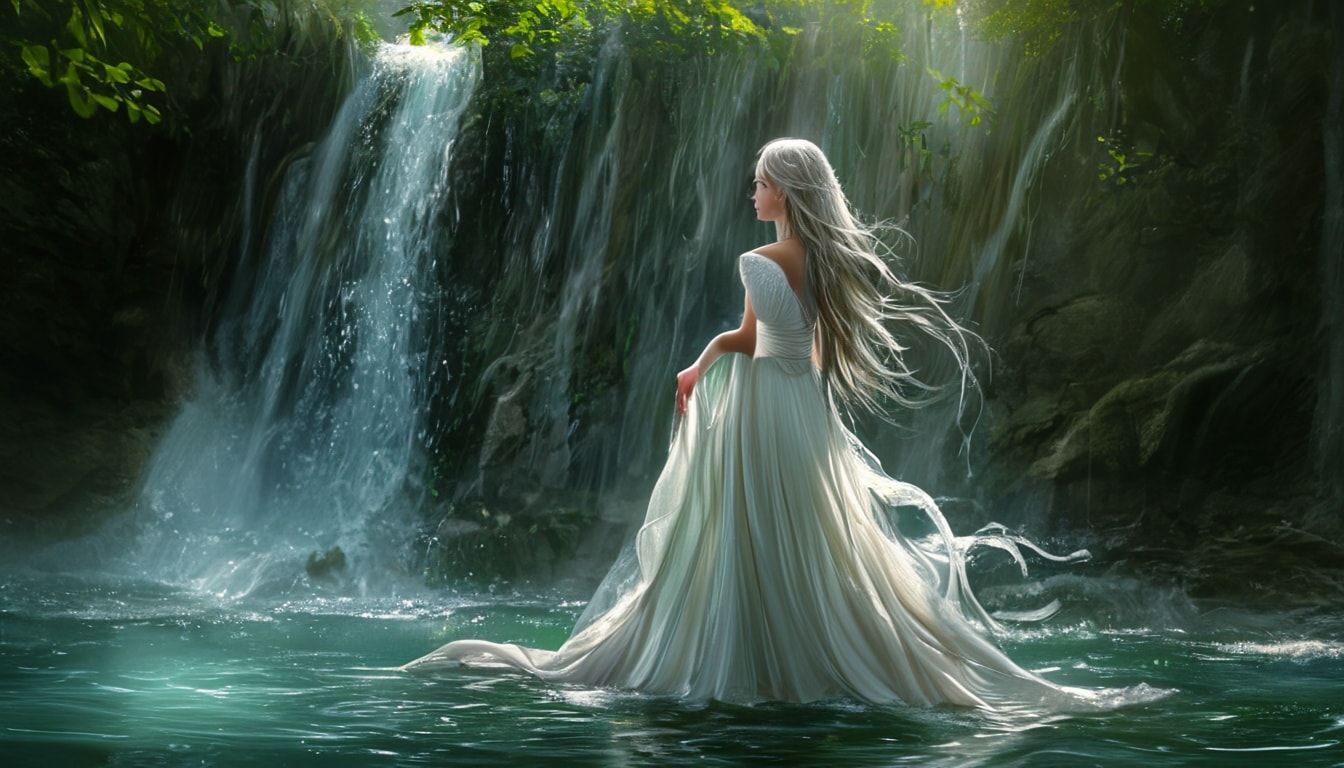 A serene elven maiden with long, flowing silver hair stands gracefully near a mystical waterfall in a sacred grove, her elegant white dress swaying gently. Crystal-clear water cascades down ancient...