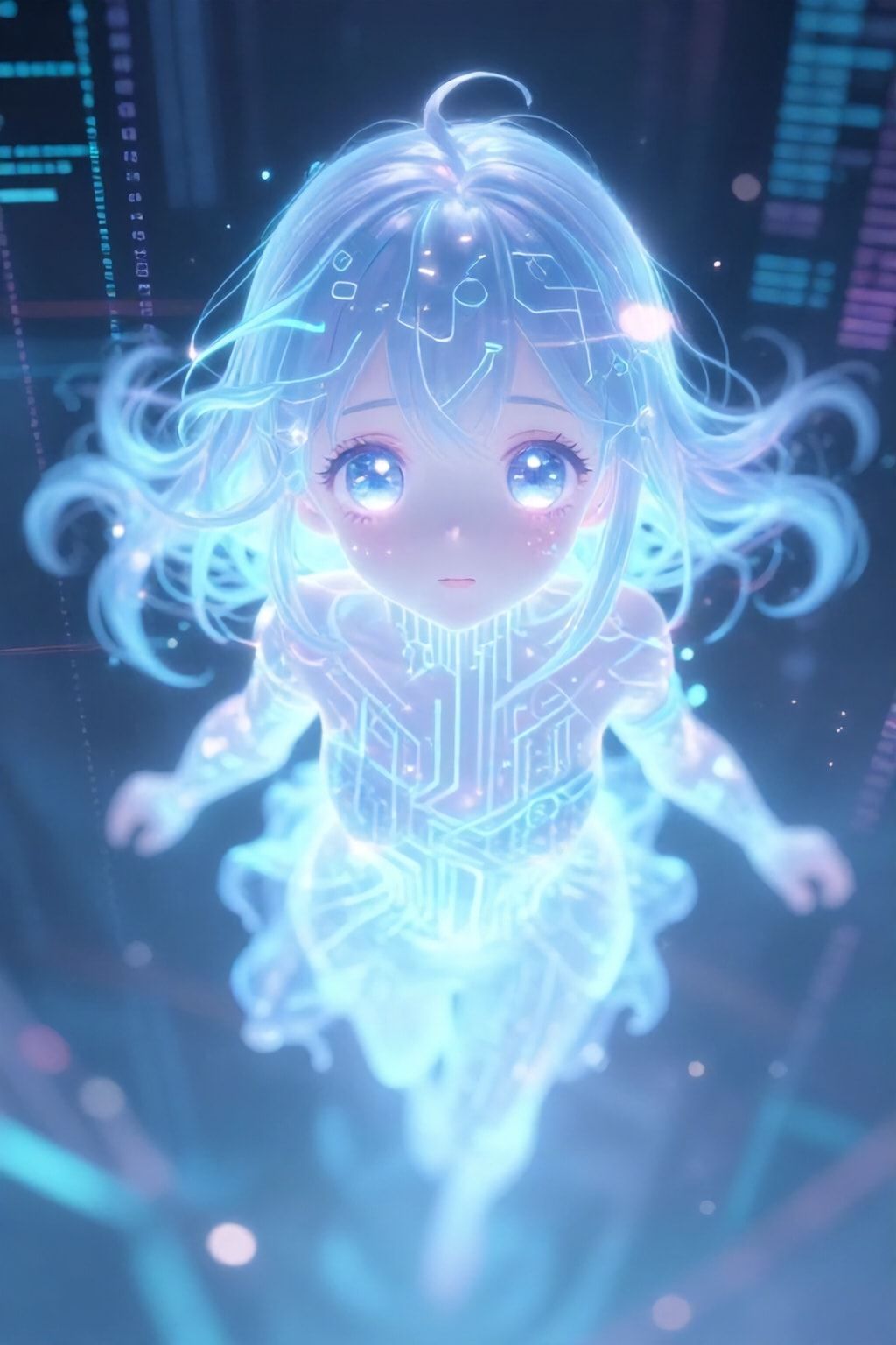 A glowing, ethereal anime girl with neon-blue circuits pulsing through her translucent skin floats in a vast digital void, her oversized kawaii eyes reflecting fractured code. Soft pastel hues blen...
