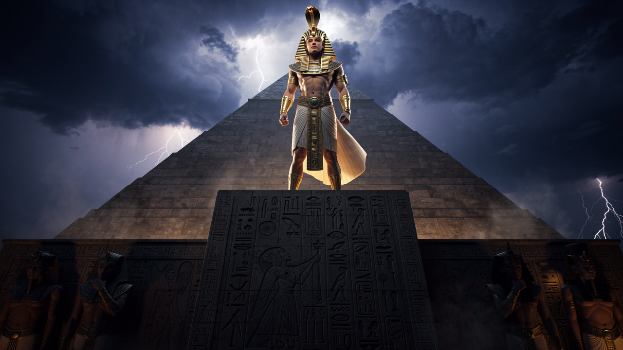 A towering Egyptian pharaoh, adorned in golden regalia and a serpentine crown, stands atop the apex of a colossal pyramid, his silhouette stark against a storm-lit sky. Below, shadowy hieroglyphs p...