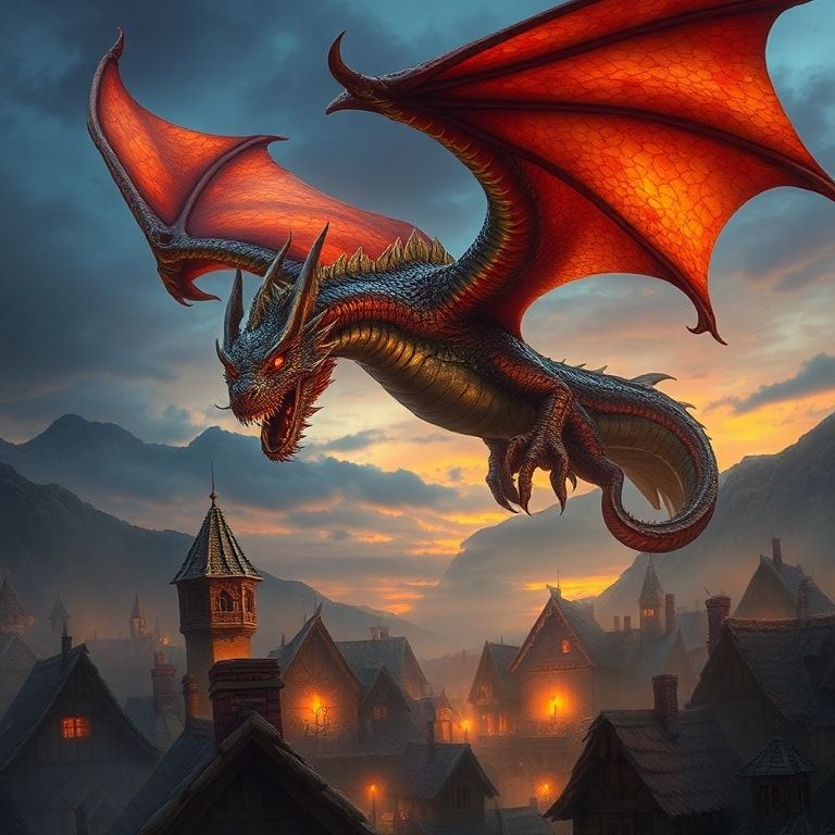 A majestic, iridescent-scaled dragon with glowing amber eyes soars gracefully over a medieval village at dusk, its massive wings casting shifting shadows over thatched roofs and flickering torches....