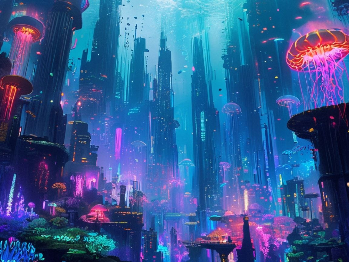 A sprawling underwater metropolis bathed in ethereal bioluminescent glow, where towering coral skyscrapers pulse with neon hues, as graceful jellyfish-like creatures drift through floating gardens,...