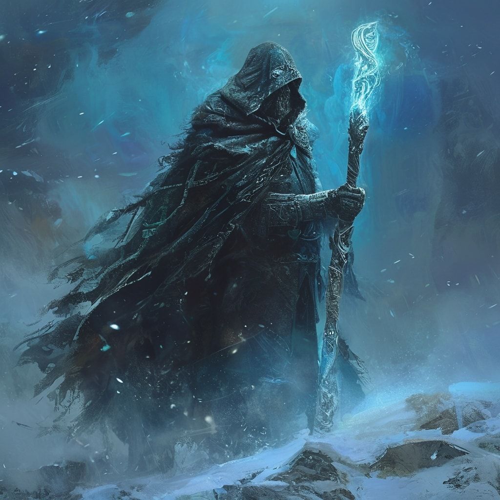 A lone Celtic warrior-mage stands in a frozen wasteland, his glowing staff carved with ancient runes casting an eerie light through the swirling blue mist. His heavy cloak billows in the icy wind, ...