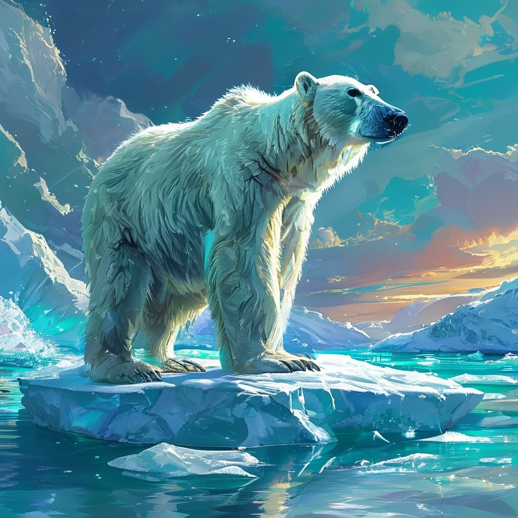 A majestic polar bear stands tall on a fractured ice floe, its fur glistening under the soft glow of the Arctic twilight, surrounded by shimmering turquoise waters. The sky is painted in hues of la...