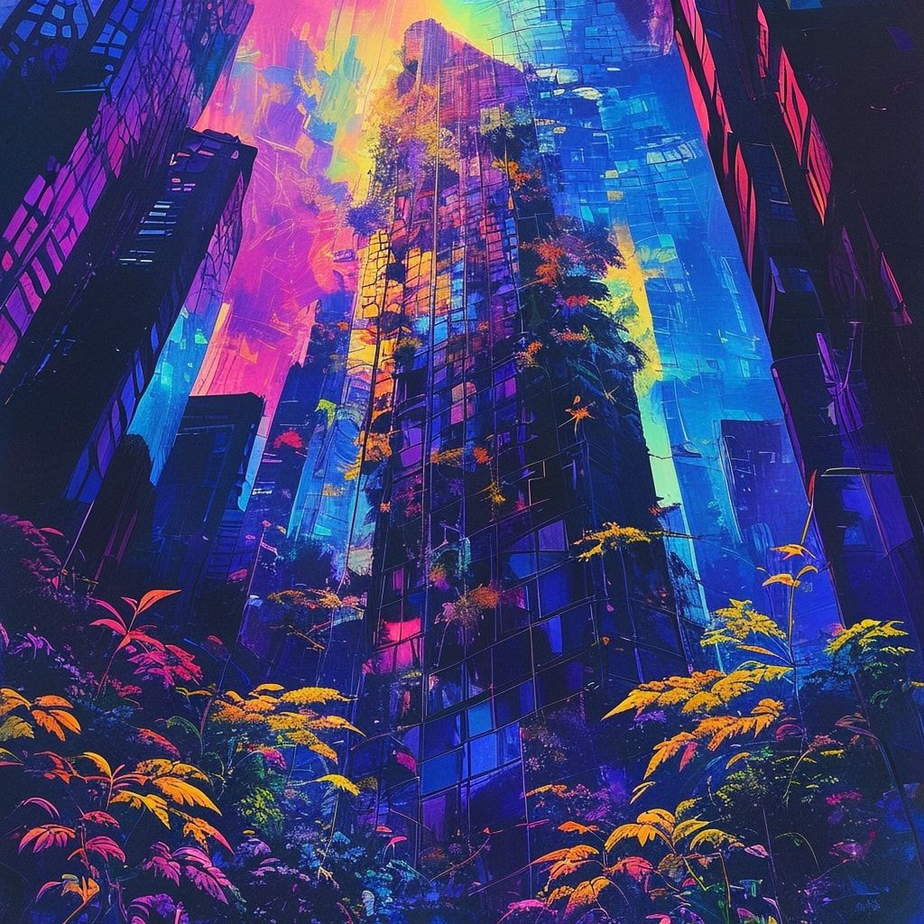 A towering, vine-choked skyscraper looms under a neon-lit twilight, its fractured glass reflecting psychedelic hues. Bold pop art strokes exaggerate jagged edges and wild foliage bursting from shat...