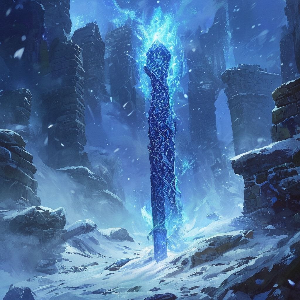 Icy runes shimmer faintly along the staff and in the air around him. Deep blue winter fog surrounds the scene, drifting through snow-covered ground and distant stone ruins