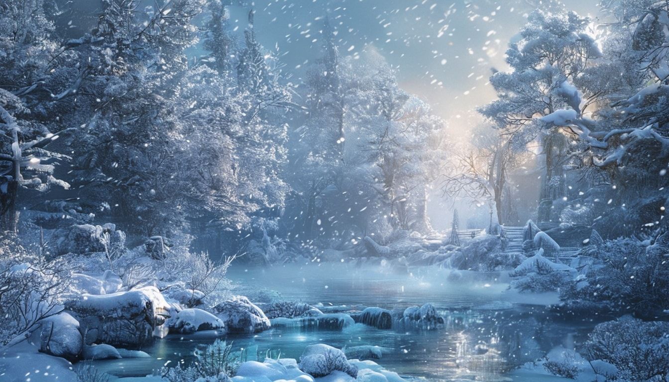 Elven eternal winter fantasy landscape, mystical forest covered in pristine snow, crystal trees glistening with frost, frozen river with ice formations, gentle snowfall, ethereal blue and silver lighting, ancient elven architecture partially visible through snow, soft pastel winter colors, magical atmosphere, cinematic composition, fantasy art style, peaceful and serene mood, detailed and atmospheric, mystical glowing lights in the distance