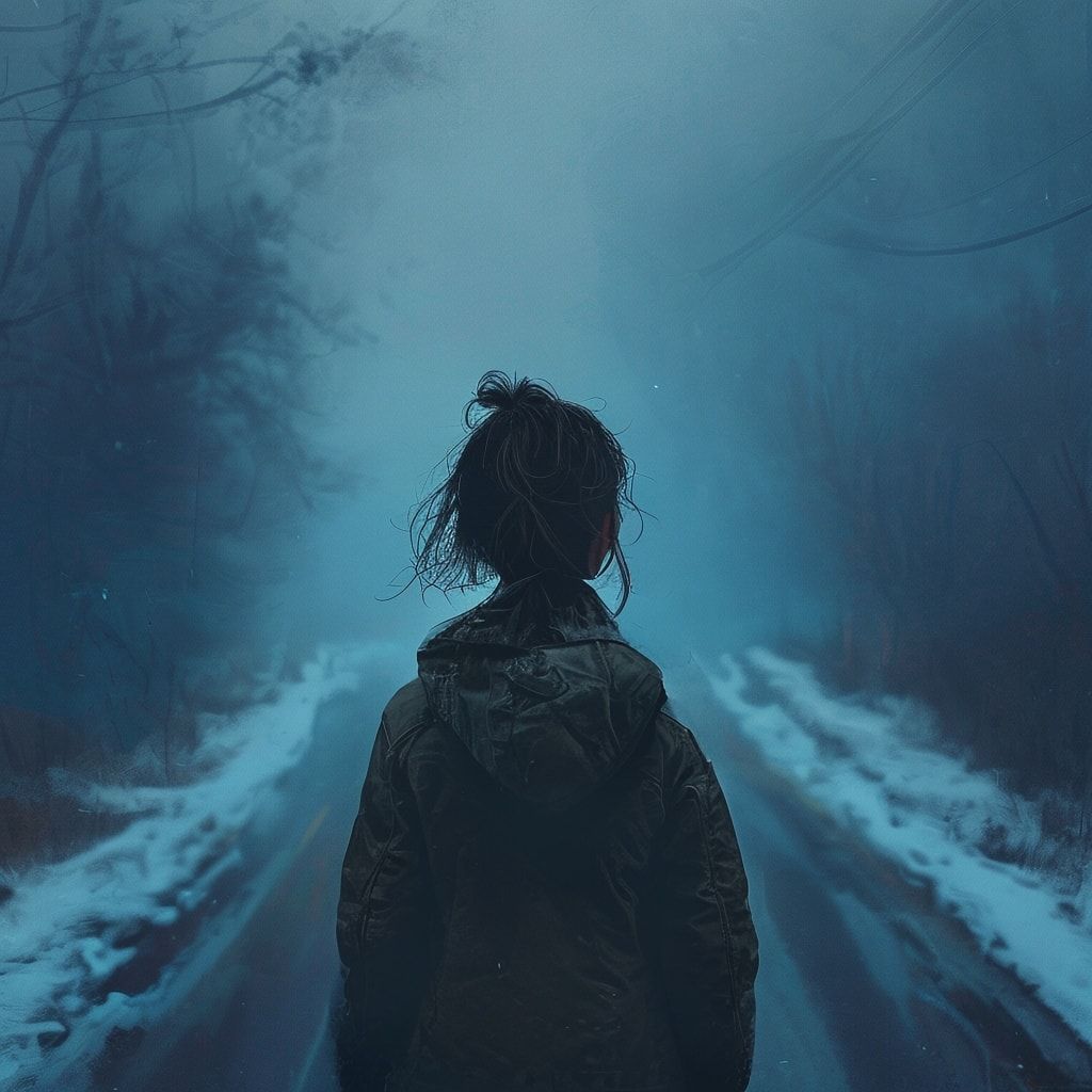 A girl with her back turned stands in a jacket on a winter road, an atmosphere of melancholy, loneliness and blue fog everywhere, as in dark ambient