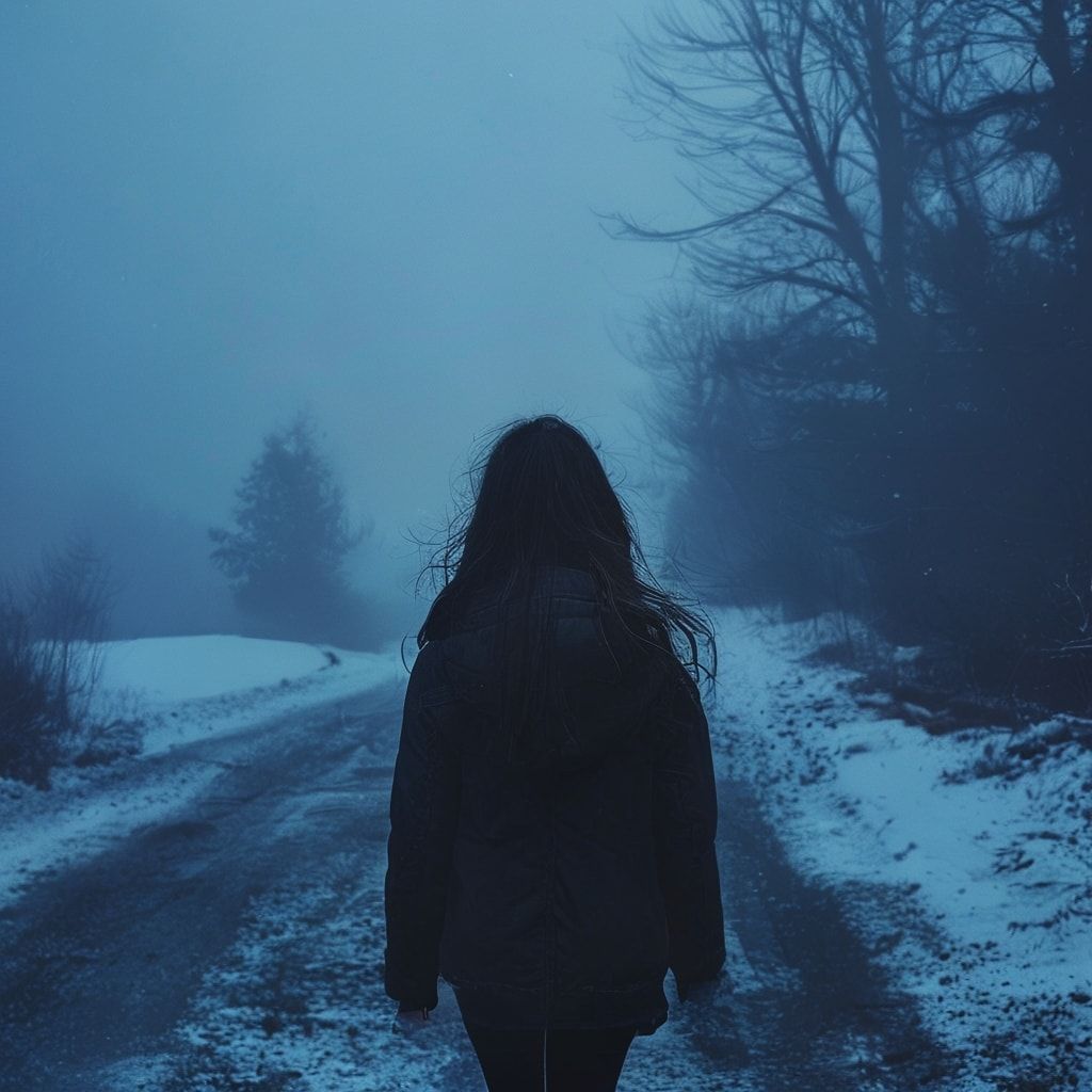 A girl with her back turned stands in a jacket on a winter road, an atmosphere of melancholy, loneliness and blue fog everywhere, as in dark ambient
