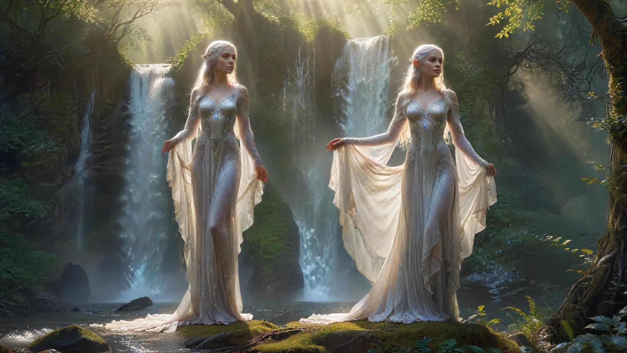 A luminous elven maiden with ethereal silver hair stands poised beside a shimmering waterfall in an enchanted forest glade, her delicate white gown rippling in the mist. Sunlight filters through em...