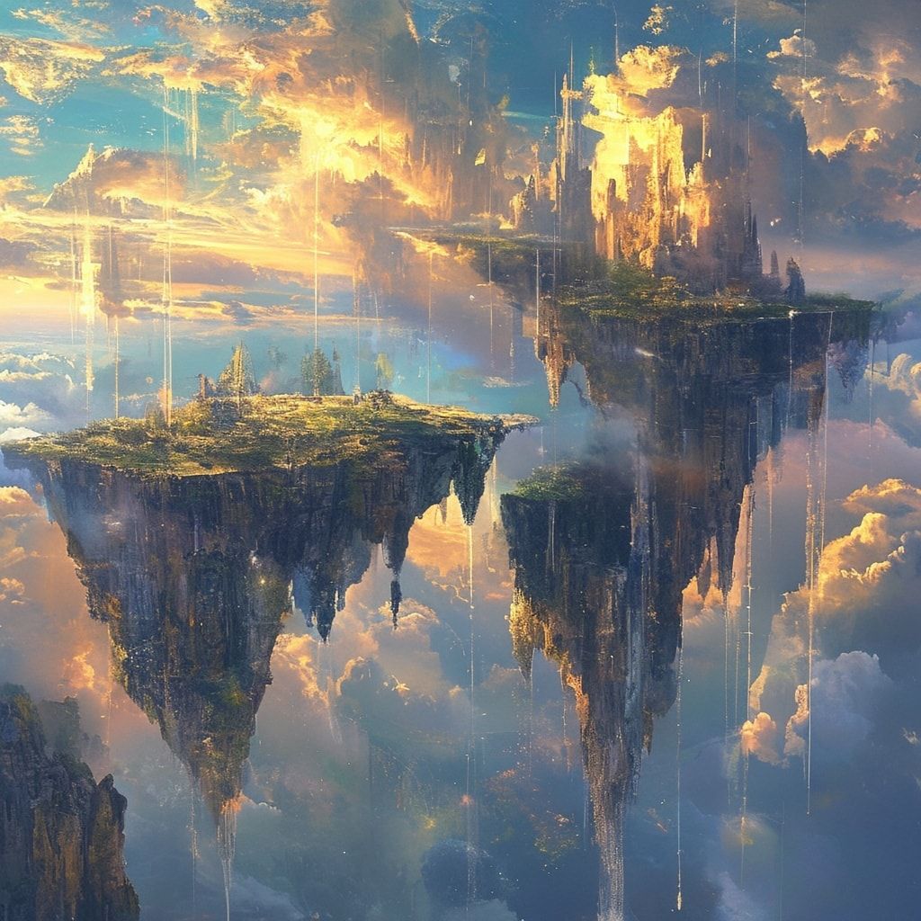 A surrealist dreamscape of floating islands suspended in a twilight sky, their jagged cliffs and cascading waterfalls defying gravity, bathed in ethereal golden light filtering through wispy clouds...