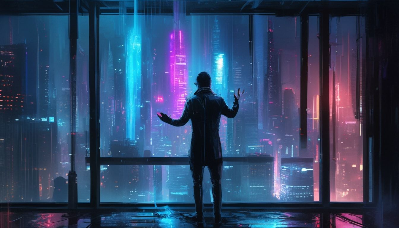 A lone figure in a tailored cyberpunk suit stands at the floor-to-ceiling window, adjusting a floating holographic display with precise hand gestures, the neon glow of the city’s skyscrapers bleedi...