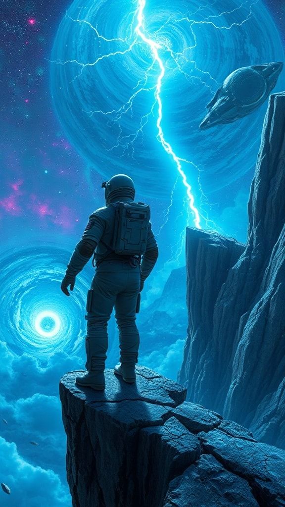 A lone astronaut in a tattered spacesuit stands on the edge of a crumbling alien cliff, gazing at a swirling cosmic storm below, neon-blue lightning illuminating their reflective visor. Hyper-detai...