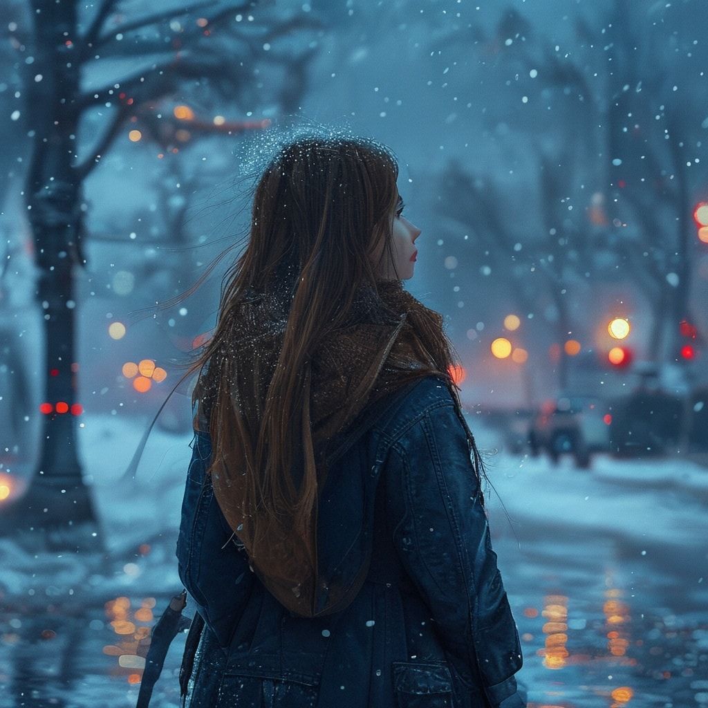 一个长头发穿着夹克，背过身的女孩站在路上看着远处，外面是冬天，深蓝色的雾，气氛就像电影里一样