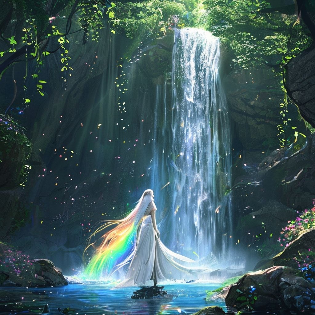 Elven sacred waterfall fantasy landscape, beautiful elven maiden with long flowing silver hair standing gracefully near mystical waterfall in sacred grove, crystal-clear water cascading down ancient rocks, rainbow mist rising from waterfall, ethereal light filtering through ancient trees, glowing flowers surrounding the sacred pool, mystical energy particles floating in air, ancient elven architecture visible in background, ethereal blue and green lighting, magical atmosphere, cinematic composition, cartoon style, anime art style, fantasy art style, peaceful and mystical mood, detailed and atmospheric, mystical glowing vines, dewdrops on leaves, elegant elven woman in flowing white dress, serene expression, ethereal beauty, animated style, vibrant colors