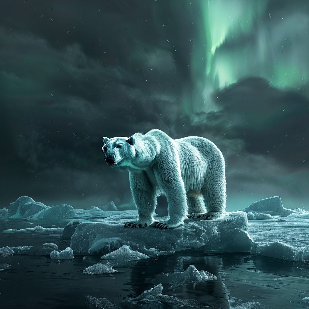 A lone polar bear stands on a fractured ice floe under a stormy Arctic sky, its fur glistening with frost, backlit by the eerie glow of a distant aurora. The high-contrast black-and-white compositi...