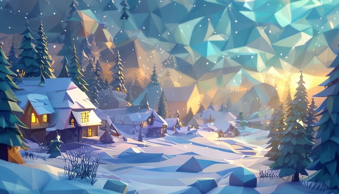 Fantasy landscape low poly winter village