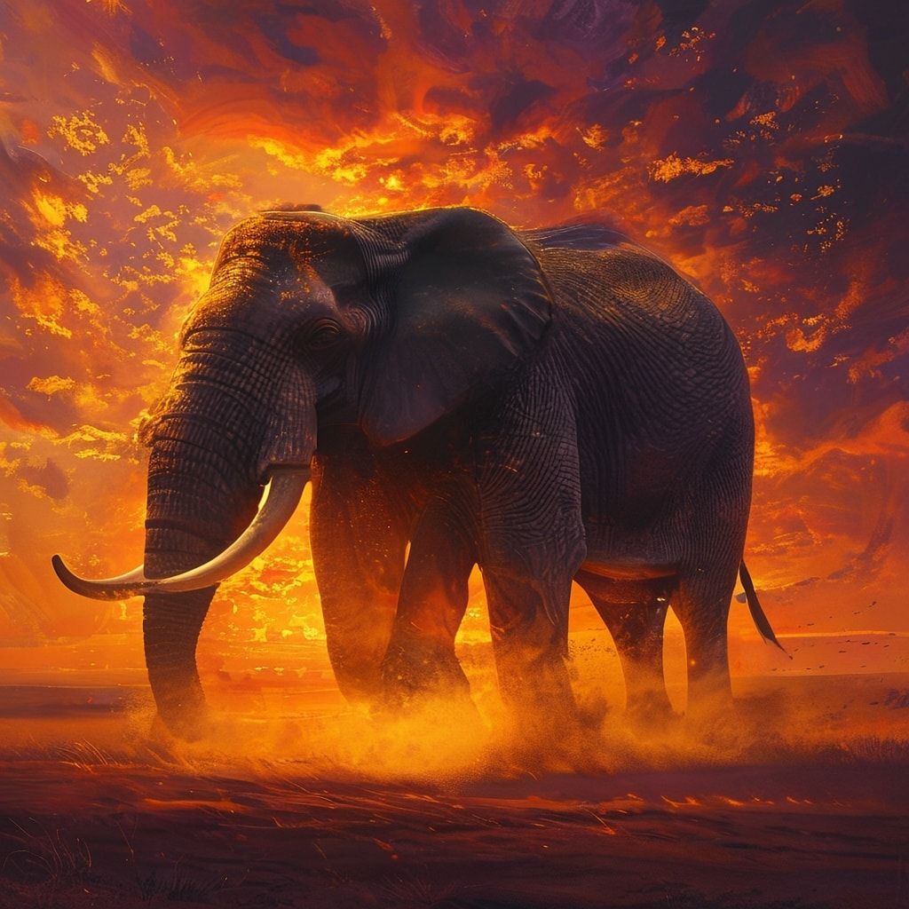 A majestic elephant stands silhouetted against a fiery savanna sunset, its massive form bathed in golden light, dust swirling around its feet. The sky glows with deep oranges and purples, casting l...