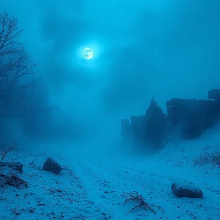Deep blue winter fog surrounds the scene, drifting through snow-covered ground and distant stone ruins. The atmosphere is cold, mystical, and epic, inspired by Celtic fantasy lore. Cinematic composition, fantasy realism, deep blue and icy color palette, soft diffused moonlight, volumetric fog, subtle snowfall, ancient magic glow, dramatic depth, high detail textures, epic and melancholic mood