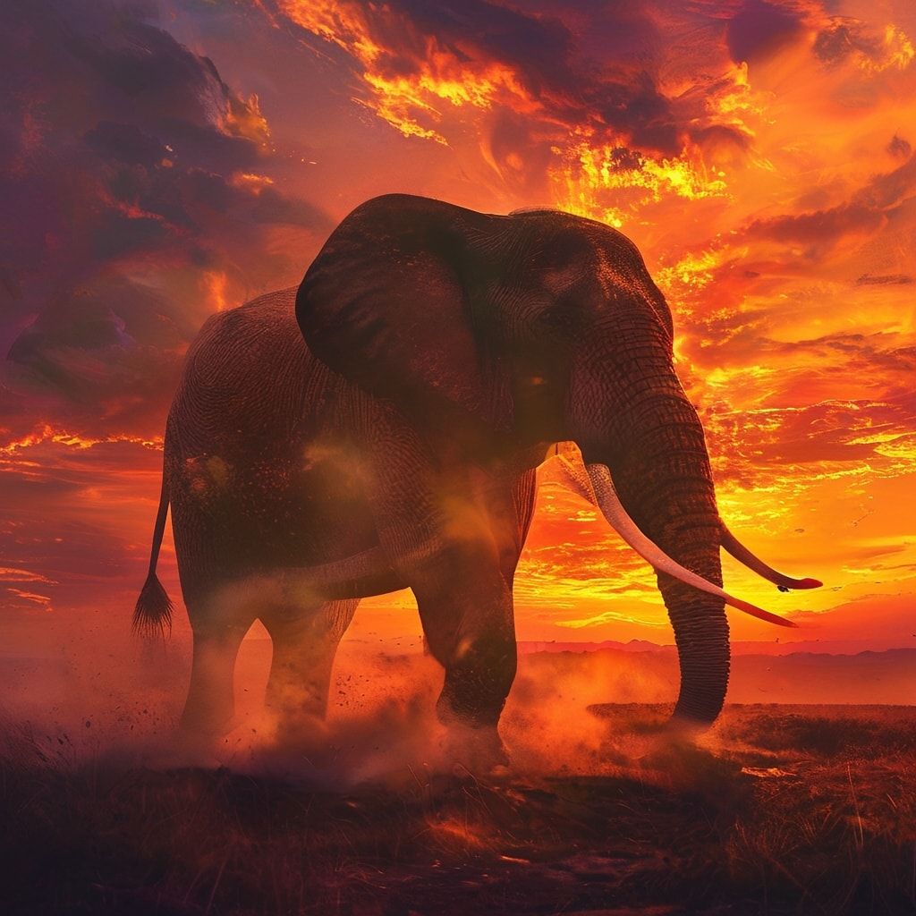 A majestic elephant stands silhouetted against a fiery savanna sunset, its massive form bathed in golden light, dust swirling around its feet. The sky glows with deep oranges and purples, casting l...