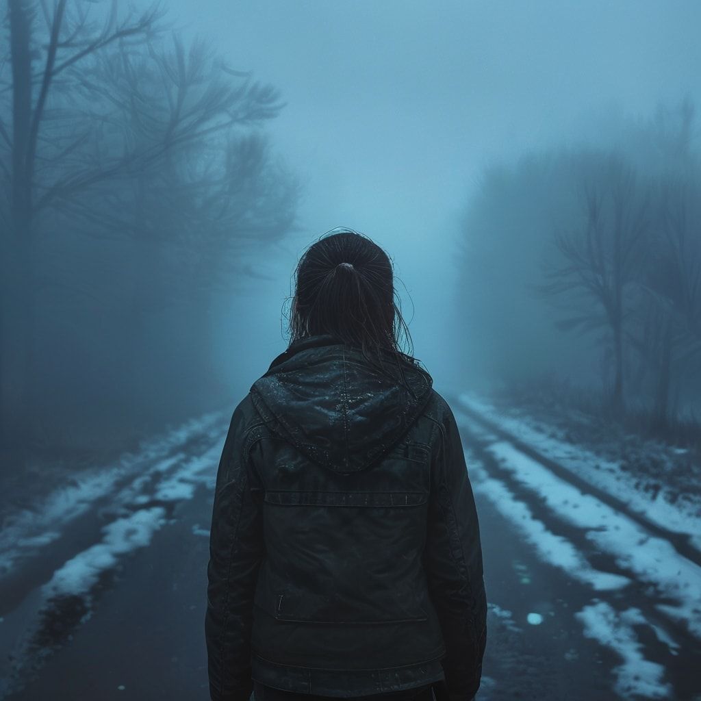 A girl with her back turned stands in a jacket on a winter road, an atmosphere of melancholy, loneliness and blue fog everywhere, as in dark ambient