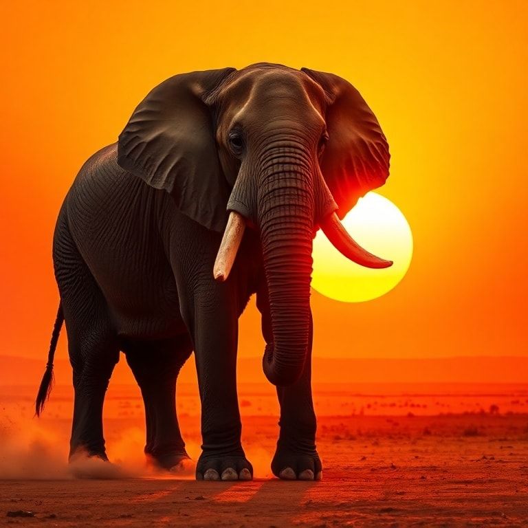 A towering elephant stands motionless on the sun-scorched plains, its powerful silhouette framed by a blazing horizon. The air shimmers with heat, kicking up swirling dust that catches the last emb...