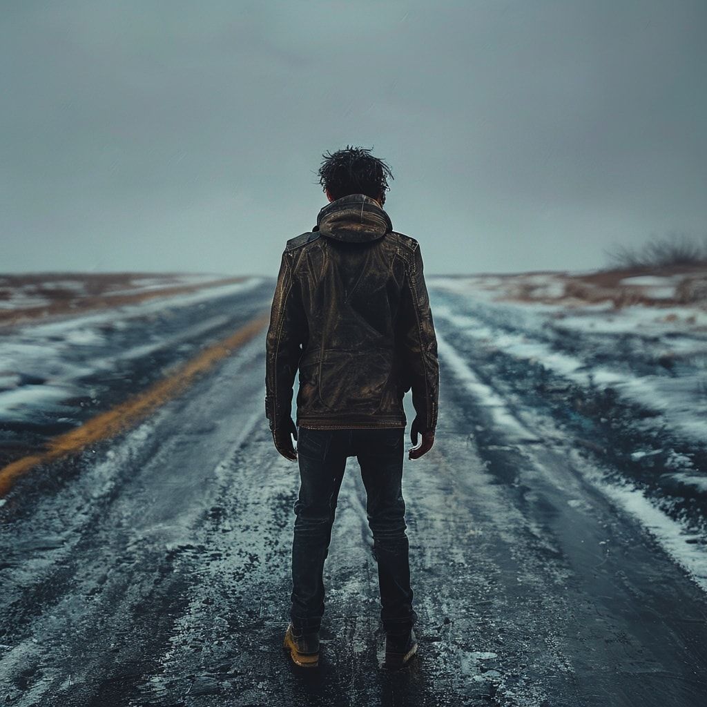 A solitary figure in a worn leather jacket stands motionless on a desolate winter road, her back turned to the viewer, shoulders slightly hunched against the biting cold. The path stretches endless...