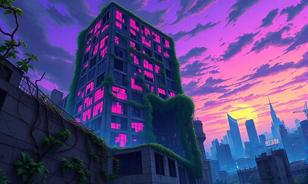 A colossal, overgrown skyscraper dominates the skyline, its shattered windows glowing with surreal neon reflections as twilight bleeds into electric violet. Wild vines erupt from cracked concrete, ...